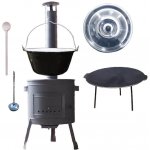 Green home kotlík na guláš smalt 1,2 mm 30 l, Green home pánev litinová na grilování 45 cm, Green home nízká žáruvzdorná kotlina 42 cm PLUS 600, poklice nerez INOX, vařečka 50 cm SMREK, naběračka nere – Sleviste.cz