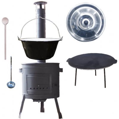 Green home kotlík na guláš smalt 1,2 mm 30 l, Green home pánev litinová na grilování 45 cm, Green home nízká žáruvzdorná kotlina 42 cm PLUS 600, poklice nerez INOX, vařečka 50 cm SMREK, naběračka nere – Sleviste.cz