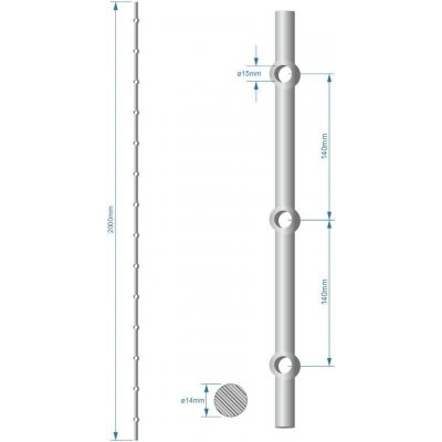 Probíjená tyč délky 2000 mm, opískovaná, profil ø14 mm, rozteč děr 140 mm, oko ø15 mm, na tyči je 14 děr