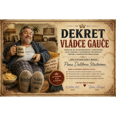 Bezvadary.cz Vtipný dekret vládce gauče s vlastní fotografií A5 21 x 15 cm dc19 – Hledejceny.cz