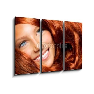 Obraz 3D třídílný - 105 x 70 cm - Beautiful Girl With Healthy Long Red Curly Hair Krásná dívka se zdravými dlouhými červenými kudrnatými vlasy – Zbozi.Blesk.cz