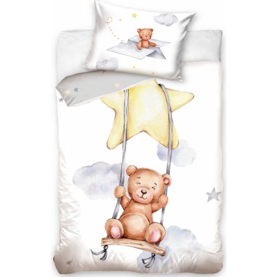 Carbotex Bavlněné povlečení 90x120 povlak na polštář 40 x 60 cm Medvěd na houpačce bílý šedý – Zboží Dáma