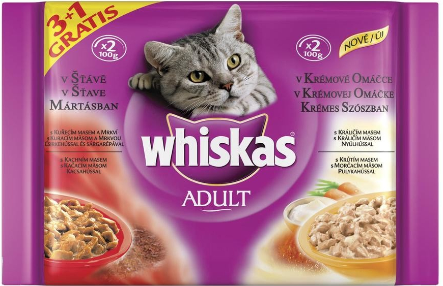 WHISKAS Tasty Mix Krémové variace s kuřecím jehněčím a krůtím masem v omáčce 4 x 85 g