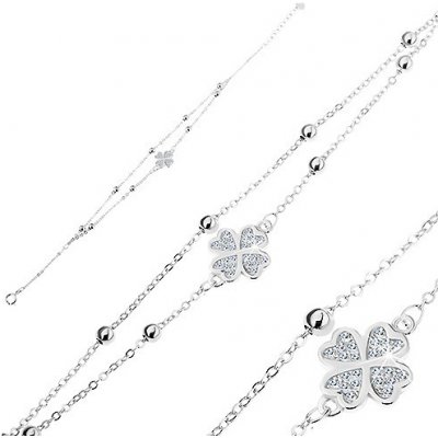 Šperky eshop stříbrný náramek čirý zirkonový čtyřlístek dva řetízky s kuličkami G24.07 – Zbozi.Blesk.cz