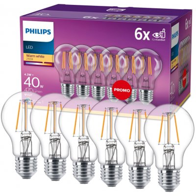 Philips 6x LED žárovka E27 A60 4,3W = 40W 470 lm 2700K teplá bílá vlákno – Hledejceny.cz