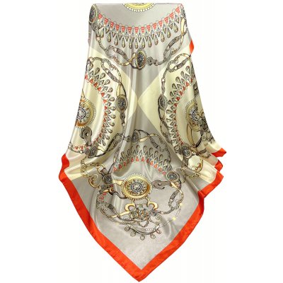 viskózový šátek na krk s ornamenty růžice čtvercový oranžový béžový a smetanový – Zboží Mobilmania