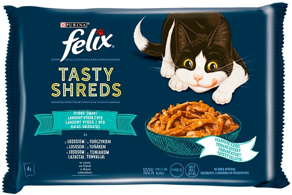 Felix Tasty Shreds lahodný výběr z ryb ve šťávě s lososem a tuňákem 12 x 4 x 80 g