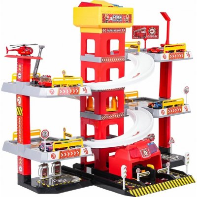 RKToys Víceúrovňové parkoviště Hasičská stanice se světly zvuky a 12 autíčky – Sleviste.cz