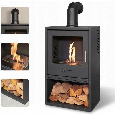 OKO S3 Bio Ethanol Stove with Log Storage in Grey & Angled Stove Pipe – Sleviste.cz