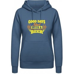 AWDis Hoodie mikina Dobré dny začínají pivem Letecká modrá