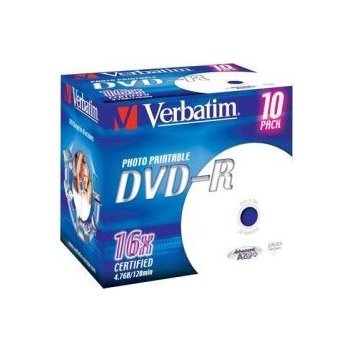 Verbatim DVD-R 4,7GB 16x, printable, plastová krabička, 10ks (43521)