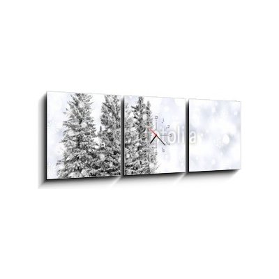 Obraz s hodinami 3D třídílný - 150 x 50 cm - Snowy trees with twinkling silver background and snowflakes Zasněžené stromy s blikajícím stříbrným pozadím a sněhové vločky – Zboží Mobilmania