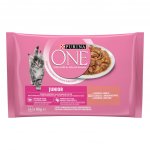 Purina One Junior s lososem a mrkví ve šťávě 4 x 85 g – Sleviste.cz