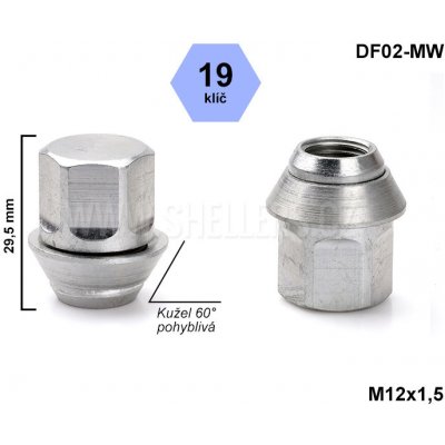 Kolová matice M12x1,5 FORD, VOLVO, kužel, pohyblivá, klíč 19, DF02-MW uzavřená, výška 29,5