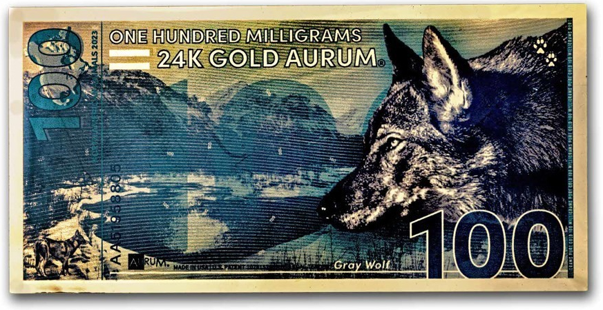 UNITED STATES MINT Zlatý slítek Gold Aurum Note Vlk (2023 Gray Wolf, 24K) 100 mg