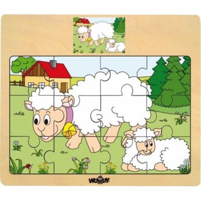 Woody Puzzle na desce Mašinka zvířata s mláďaty ovce