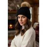 Tina moda Dámská pletená čepice s bambulí z pravé kožešiny černá – Hledejceny.cz