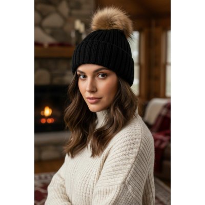 Tina moda Dámská pletená čepice s bambulí z pravé kožešiny černá – Hledejceny.cz