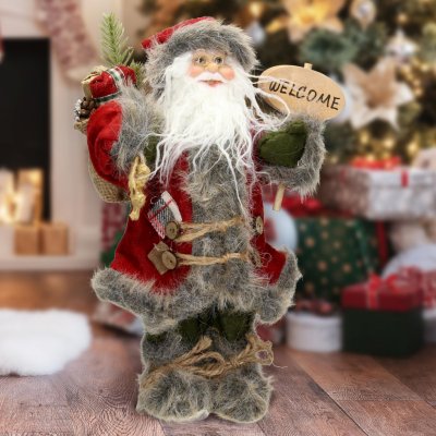 ECD Germany figurka Otce Vánoc výška 37 cm červený/šedý kabát zelené kalhoty s dárkovou taškou figurka Otce Vánoc zimní dekorace Vánoční stojící figurka zimní dekorace Santa Claus Vánoční dekorac