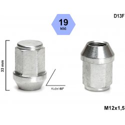 Kolová matice M14x1,5 kužel zavřená, klíč 19, D13F, výška 33mm