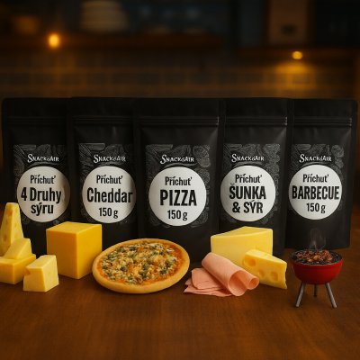 SnackAir Popcorn příchutě 5 x 150 g (šunka sýr, cheddar, pizza, 4 sýry, BBQ) – Sleviste.cz