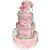 Plenkový dort BabyDort bohatý růžový třípatrový plenkový dort a medvídkem s chrastítkem