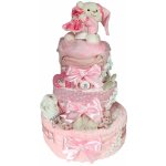 BabyDort bohatý růžový třípatrový plenkový dort a medvídkem s chrastítkem – Zboží Mobilmania