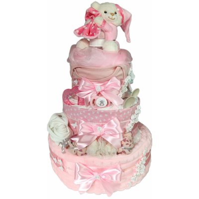 BabyDort bohatý růžový třípatrový plenkový dort a medvídkem s chrastítkem