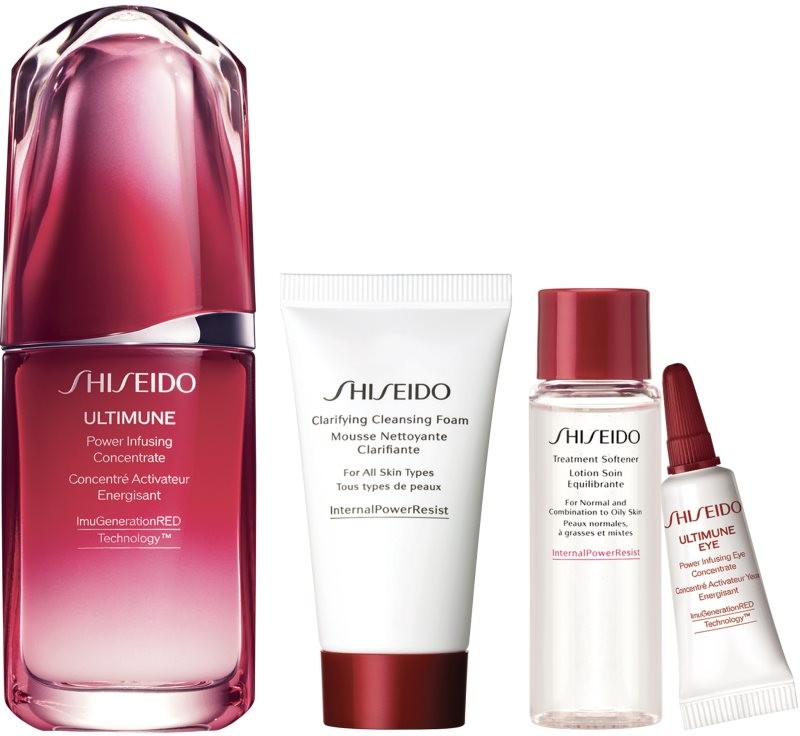 Shiseido Ultimune energizující a ochranný koncentrát na obličej 50 ml + čisticí pěna 30 ml + pleťová voda 30 ml + protivráskové sérum na oční okolí 3 ml