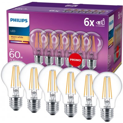 Philips 6x LED Žárovka E27 A60 7W = 60W 806 lm 2700K teplá bílá vlákno – Hledejceny.cz