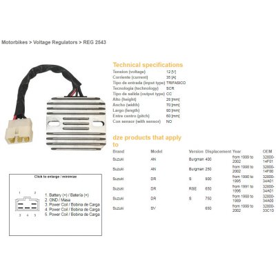 DZE regulátor napětí SUZUKI AN 250 BURGMAN 98-02; AN 400 BURGMAN 99-02; SV 650 99-02; DR 650RSE 91-96; DR 750S 88-89; DR 800S 90-95 (32800-34A00, 32800-14F00) 12V35A – Hledejceny.cz