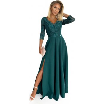 Numoco Amber krajkové dlouhé šaty s výstřihem a rozparkem 309-1 zelená