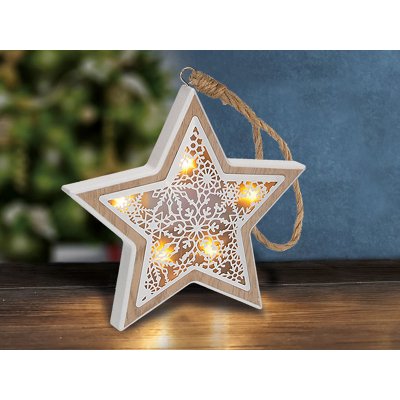Solight LED vánoční hvězda, dřevěný dekor, 6LED, teplá bílá, 2x AAA – Zboží Mobilmania