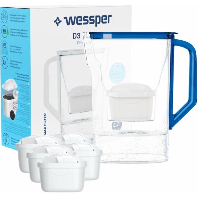 Wessper D3 Slim Aquaclassic 2,7 l filtrační džbán do chladničky bleu + 6x filtrační patrona AquaClassic – Zboží Mobilmania