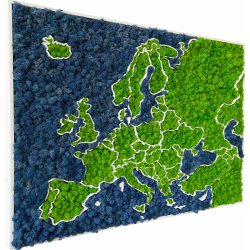 3D mapa Evropy z mechu - severský lišejník Modrá & Zelená, 90 x 70 cm, Bílé dřevo