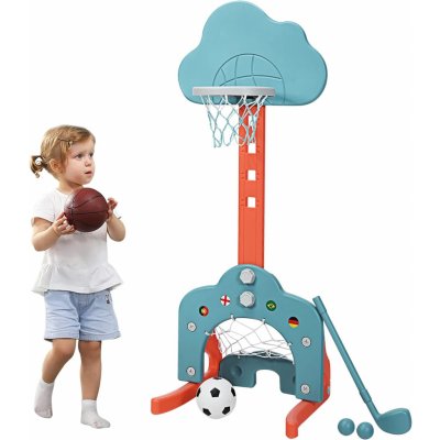 Costway Dětské hřiště 3 v 1, výškově nastavitelný basketbalový koš, fotbalová branka a golf, stojan na basketbal včetně míčů a golfové hole, systém košů pro děti od 2 do 7 let (zelený)