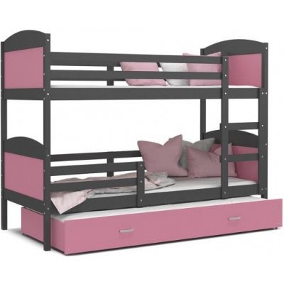 DobreSny MATYAS 3 patrová s šedou konstrukcí v růžové barvě s přistýlkou – Zboží Mobilmania