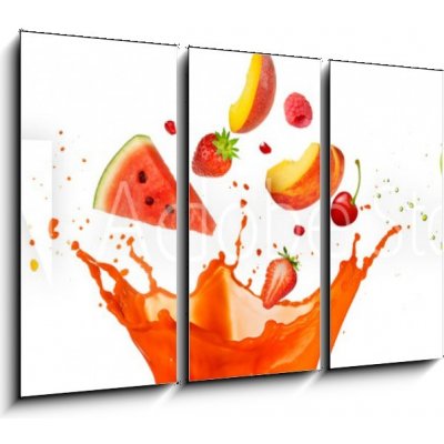 Obraz 3D třídílný - 105 x 70 cm - mixed fruit falling into juices splashing on white background smíšené ovoce spadající do šťávy stříkající na bílém pozadí – Zboží Mobilmania