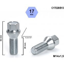 Kolový šroub M14x1,5x28 kužel, klíč 17, C17D28/B13, výška 52 mm