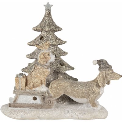 Vánoční dekorativní soška pejsků u stromečku s dárky a saněmi 16*8*15 cm LED osvětlení
