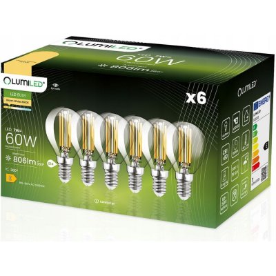 Lumiled 6x LED žárovka E14 P45 7W = 60W 806lm 3000K Teplá bílá 360° Filament