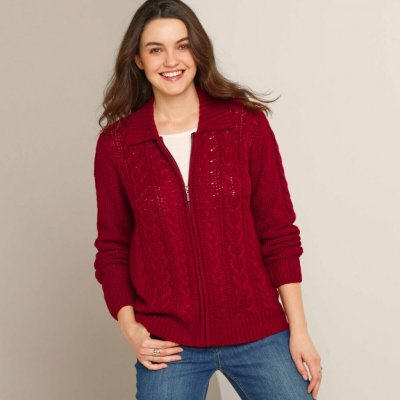 Svetr na zip s copánkovým vzorem tmavěčervená – Hledejceny.cz
