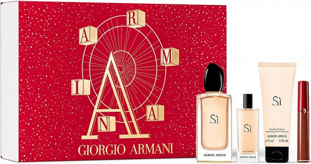 Giorgio Armani Sì EDP 100 ml + EDP 15 ml + tělové mléko 75 ml + rtěnka Liquid Lipcolor 6,5 ml 209 Lip Maestro dárková sada