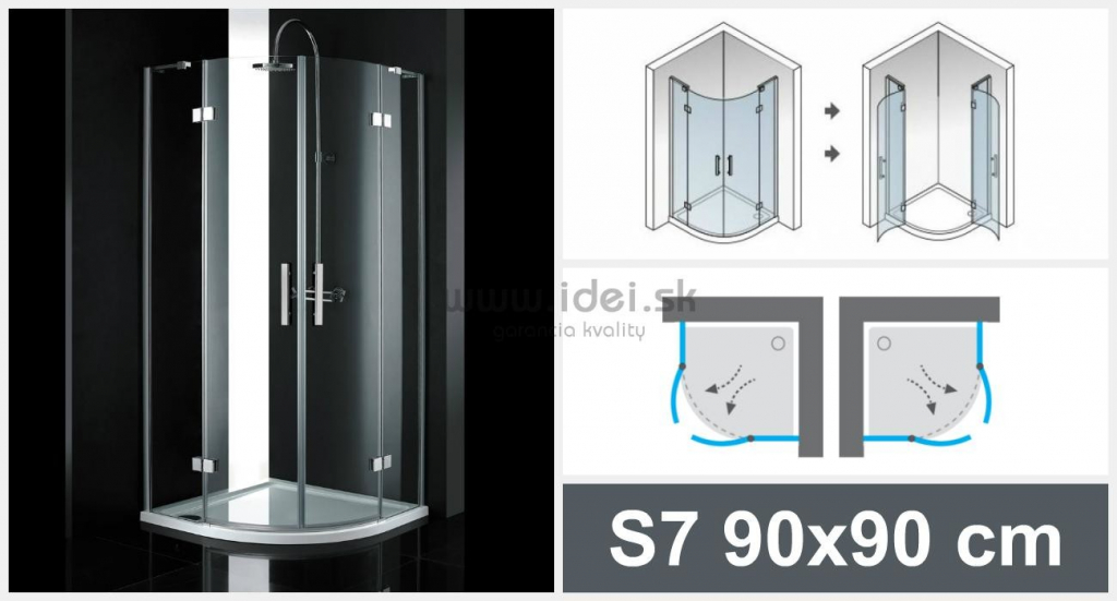 Aquatek CRYSTAL S7 90x90 cm čtvrtkruhový sprchový kout s dvěma otevíracími dveřmi