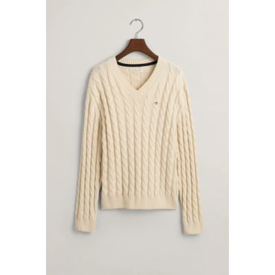 Gant Shield Relaxed Cable V-neck bílá – Zboží Dáma