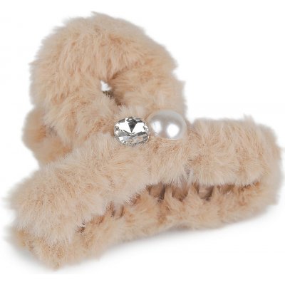 Skřipec do vlasů kožešinový s perlou a broušeným kamenem Varianta: 3 béžová, Balení: 1 ks – Hledejceny.cz