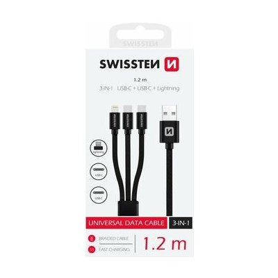 Swissten 72501103 datový 3v1 2x USB-C (M) - Lightning, (M), - USB-A (M) 1.2m, černý – Zbozi.Blesk.cz