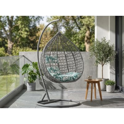 Textilomanie Šedé závěsné křeslo KOKON se stojanem zeleno-bílý polštář – Zbozi.Blesk.cz