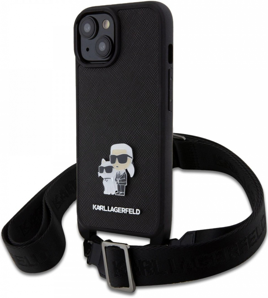 Pouzdro Karl Lagerfeld Saffiano Crossbody Metal Karl and Choupette iPhone 15 černé