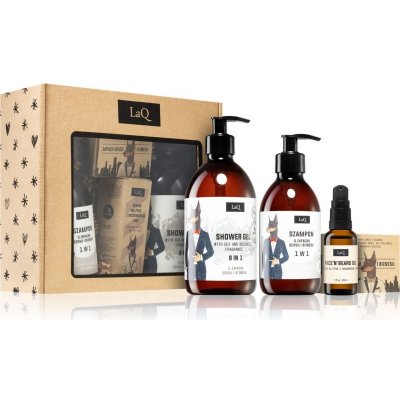 LaQ Doberman osvěžující sprchový gel 8 v 1 500 ml + čisticí šampon 300 ml + pečující olej na obličej a vousy 30 ml + tuhé mýdlo 85 g dárková sada